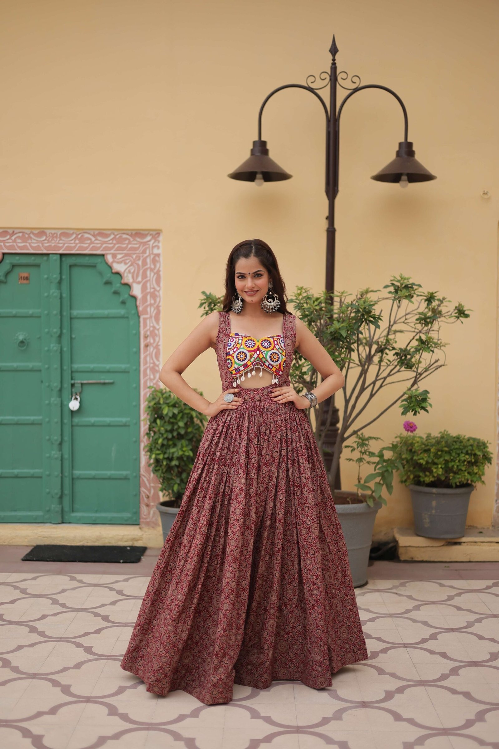 Maroon Faux Georgette Designer Gown ? Fully Flared Elegant Party & Wedding Set - Image 7